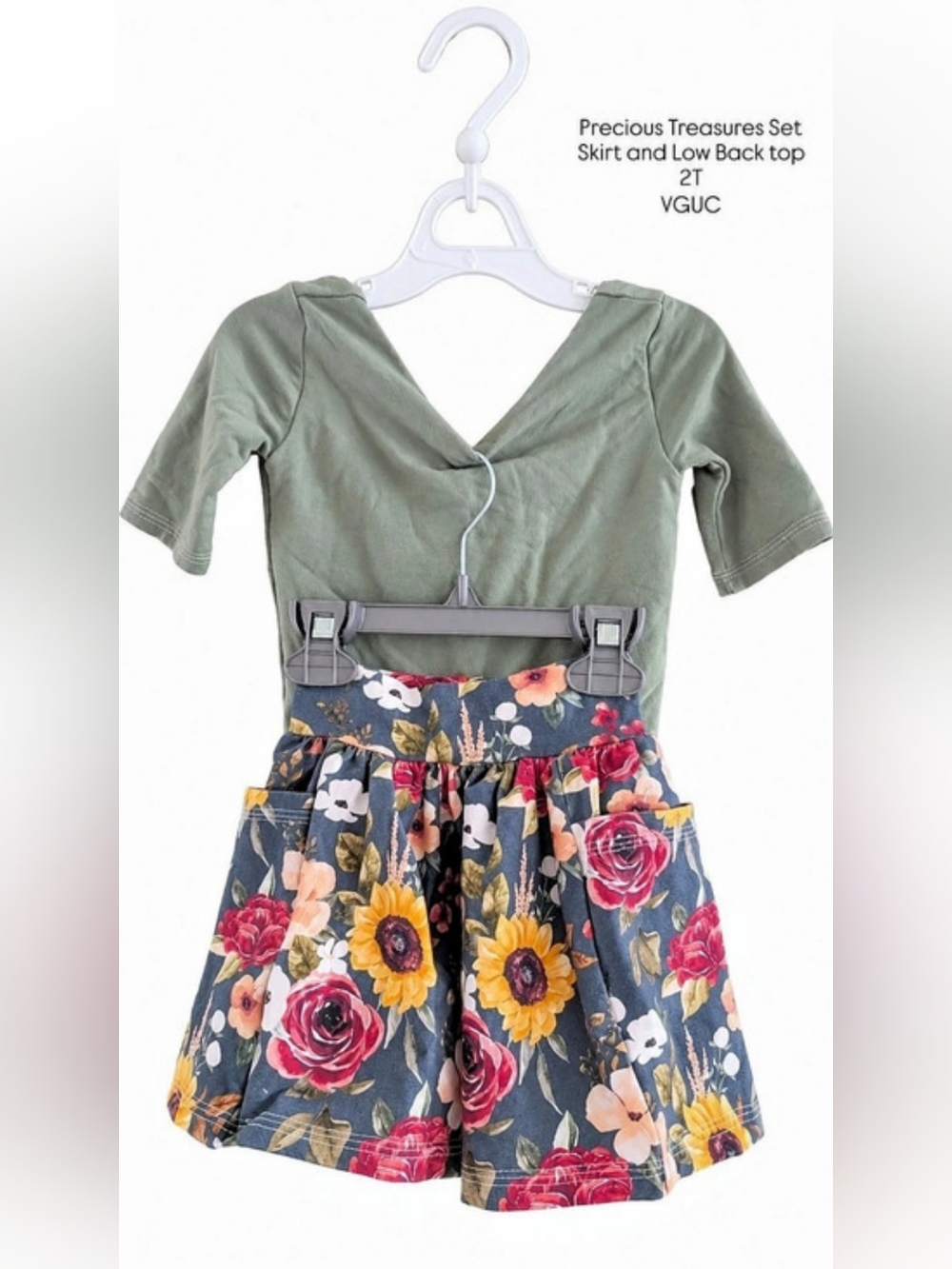Precious Treasures 2T Handmade Floral Skirt Sage Low Back Bow Top Set